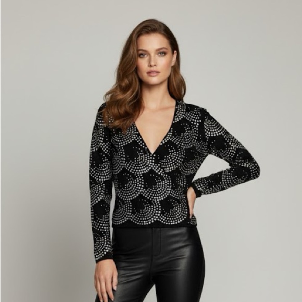 DIANE VON FURSTENBERG small black wool wrap sweater with crystals